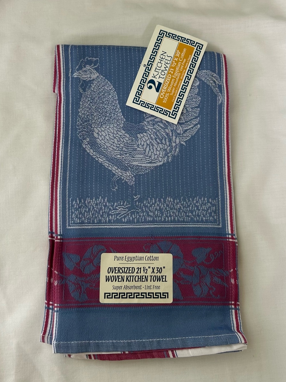 Vintage Red, White & Blue Egyptian Cotton Rooster Print Oversized Kitchen Towels